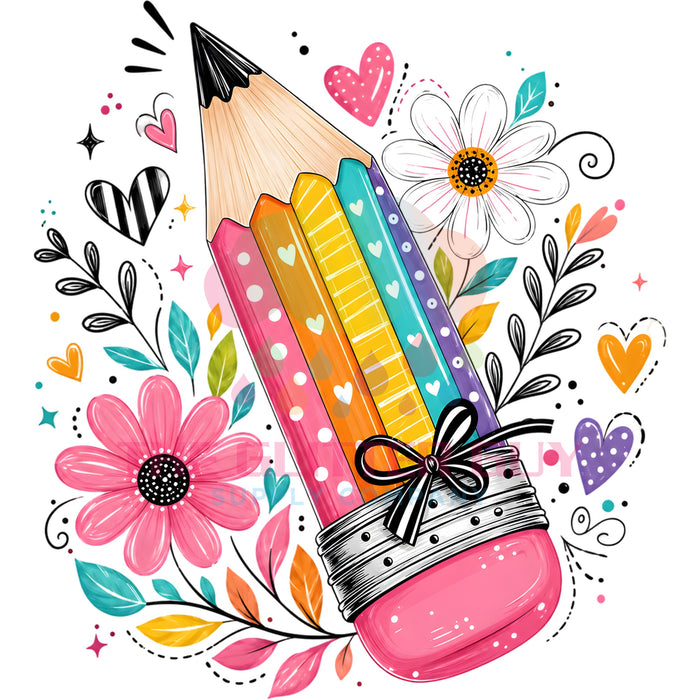 Printed Decal - Floral Rainbow Pencil #103