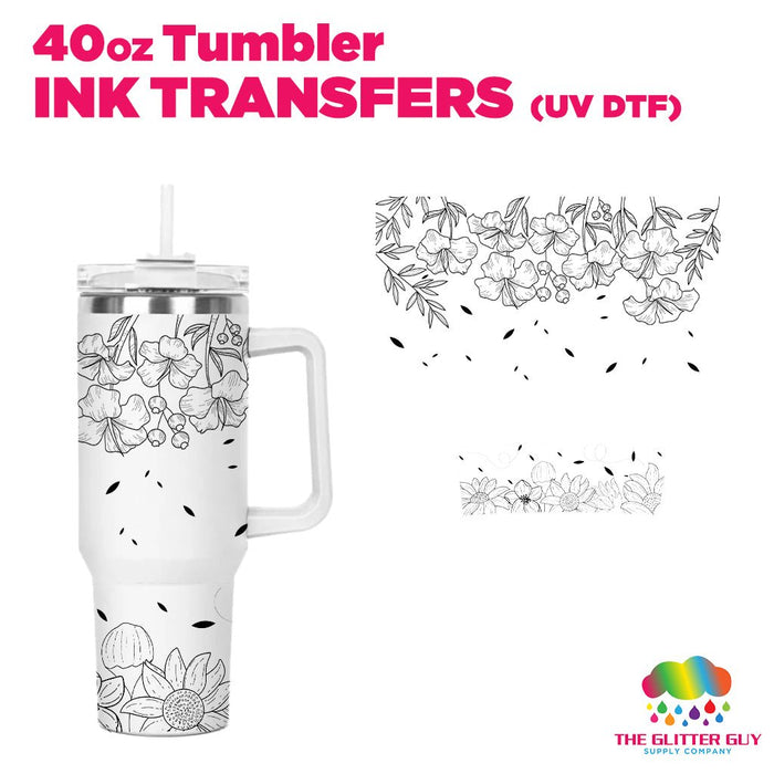40oz Tumbler Wrap - Ink Transfers UVDTF - Black Floral Lines | UVDTF from The Glitter Guy