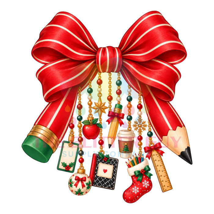 Printed Decal - Christmas Teacher Dangly Bow #047