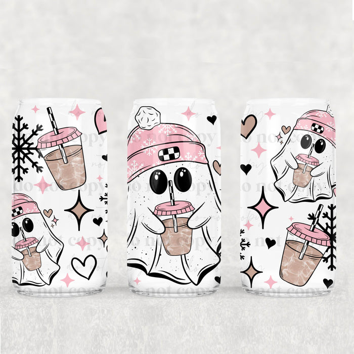 Libbey Can Wrap 16oz - Ink Transfers | Pink Winter Ghostie | from The Glitter Guy